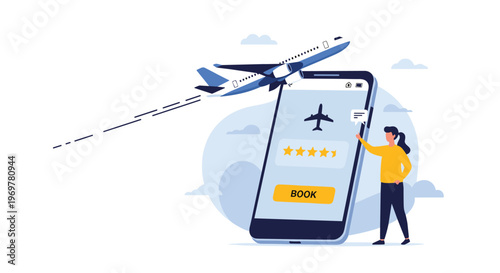 Online travel planning and flight booking concept showing a woman using a smartphone app to book an airplane ticket with high ratings.