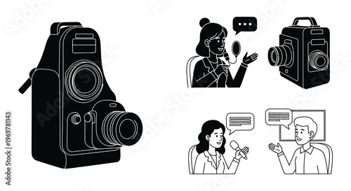 Vintage camera interviewer and broadcast elements in a monochrome style