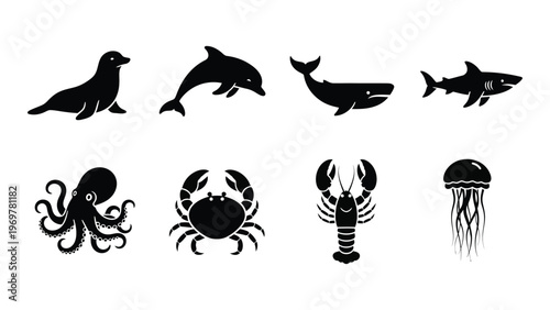 A collection of marine animals a seal dolphins whales sharks octopus and crustaceans in silhouette high quality professional detailed modern elegant