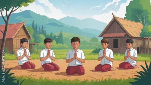 Serene boys meditating outdoors in traditional thai village with mountains