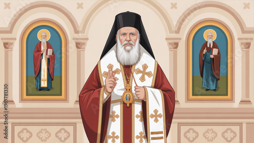 Orthodox priest in traditional attire standing before ornate religious icons in a church setting with a serene atmosphere and symbolic gestures
