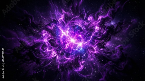 Vibrant neon violet energy explosion with swirling cosmic gas clouds and glowing particles against a deep black background abstract futuristic digital art representing power