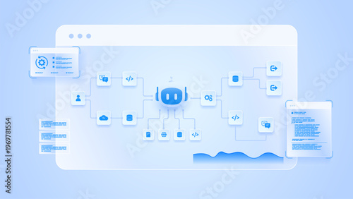 AI workflow automation artificial intelligence. ai agent workflow diagram dashboard machine learning showing node input, processing flow panel, coding panel and process flow.