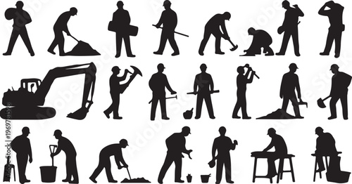 Construction workers silhouettes set tools excavator digging hammer carpentry manual labor builder isolated on white background vector illustration collection