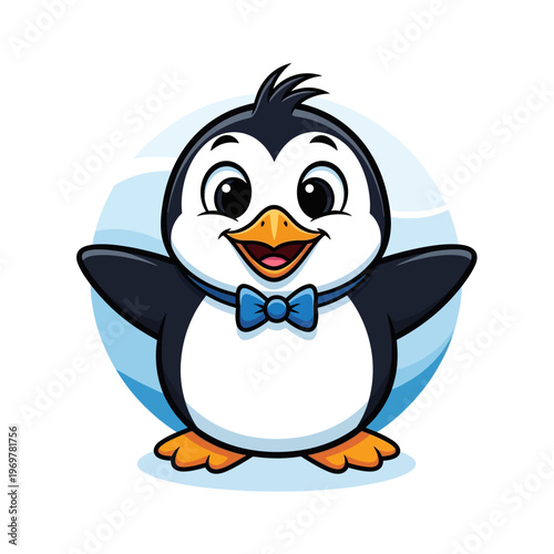 Cheerful cartoon penguin in a bow tie, smiling joyfully