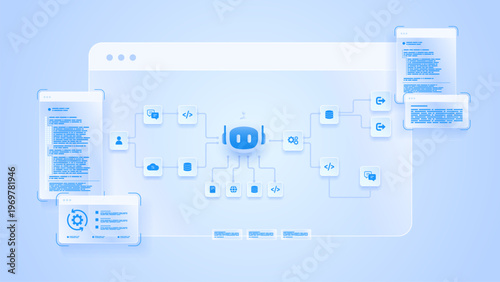 AI workflow automation artificial intelligence. ai agent workflow diagram dashboard machine learning showing node input, processing flow panel, coding panel and process flow.