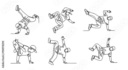 Dynamic line art depicts three breakdancers in active frozen poses