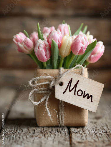 Mothers Day gift composition featuring a wrapped present tied with natural jute twine and a kraft paper tag MOM. AI generated
