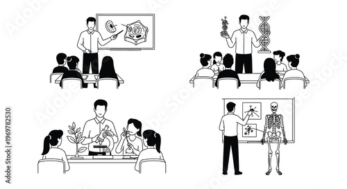 A medical lecture hall with instructors presenting anatomical illustrations