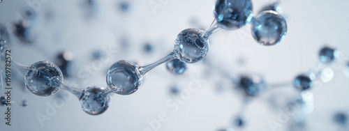 Abstract 3D molecular structure with silver and blue spheres, representing chemistry, science, technology and clean medical research. banner 