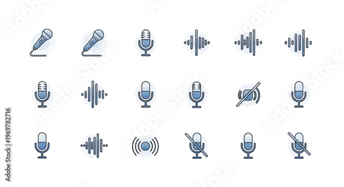 Microphone icons set. Audio recording symbols collection.