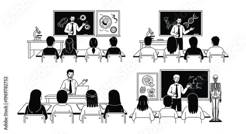 A medical lecture hall with instructors presenting anatomical illustrations