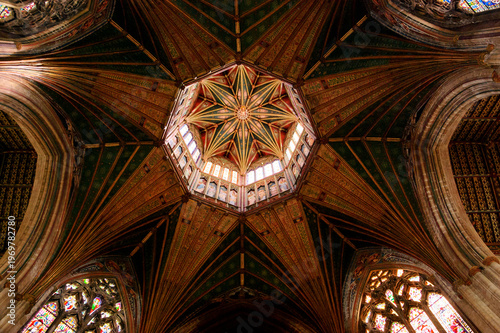 Interior of Ely Cathedral Church of the Holy and Undivided Trinity in Ely, Cambridgeshire, UK. Octagon ceiling detail. 