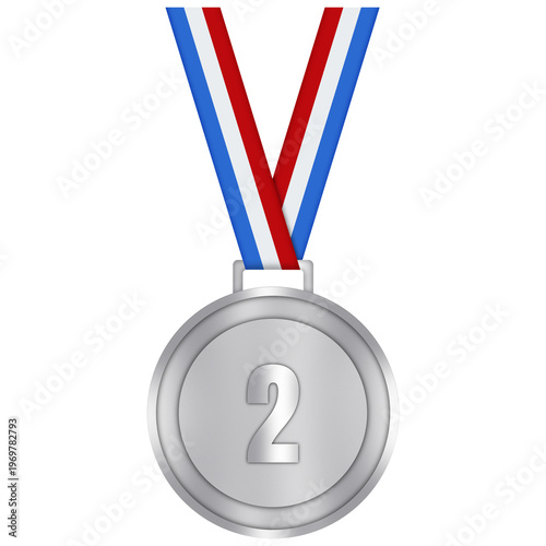Luxury Silver Number 2 Medal with Ribbon on Transparent Background – Second Place Winner Award Badge for School Graduation, Sports and Corporate Awards, Achievement Medal Clip Art PNG