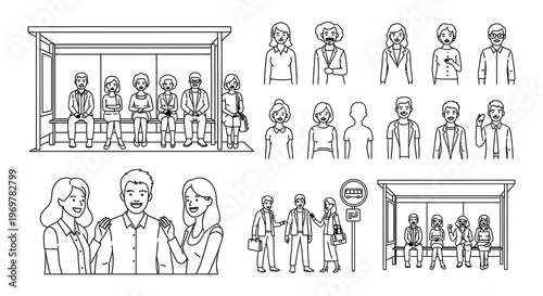 People waiting at bus stops and conversing in a line art illustration