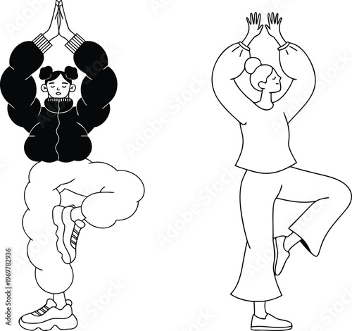 Two women doing yoga tree pose on transparent background.