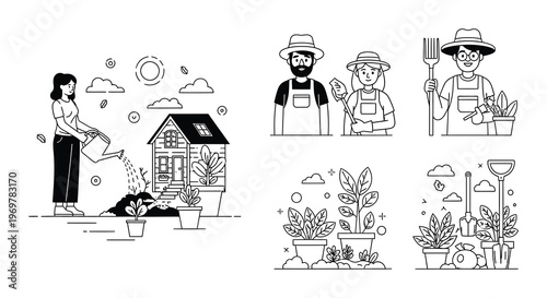 Gardening scene with people plants and tools in a linear style
