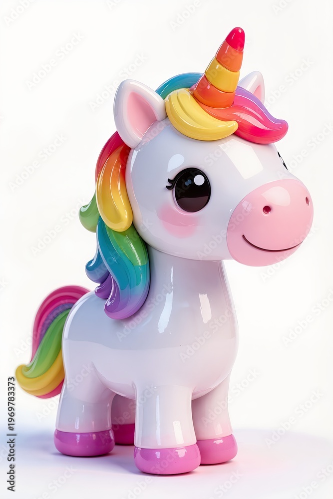 Fototapeta premium Chibi unicorn with rainbow mane, shiny plastic texture, Etsy trending toy, white background