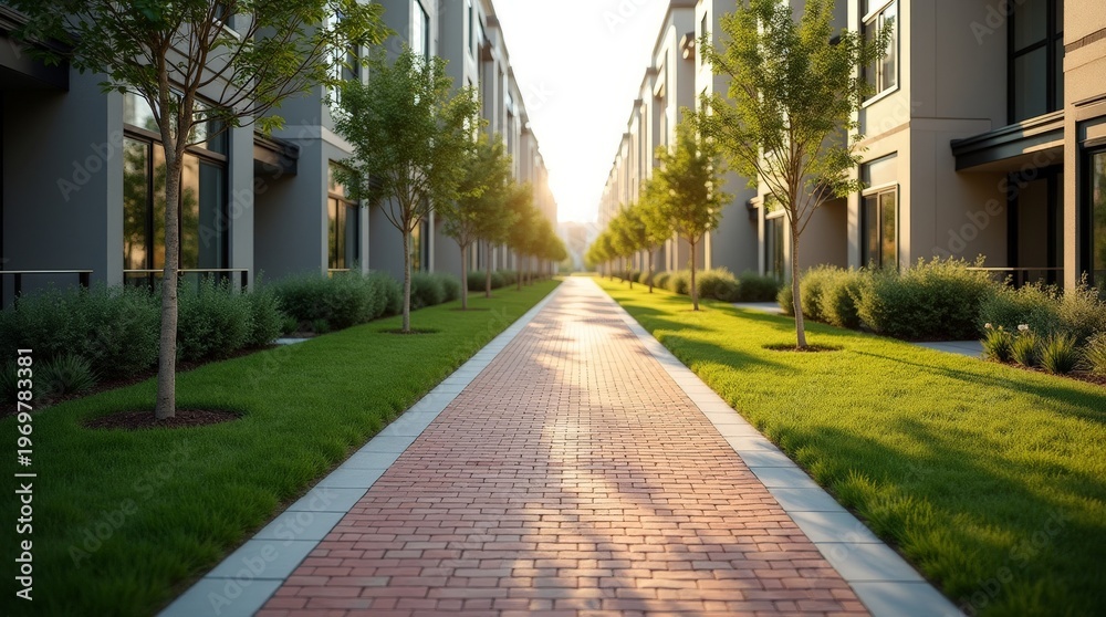Obraz premium A serene brick pathway lined with trees and modern townhouses bathed in golden sunlight.