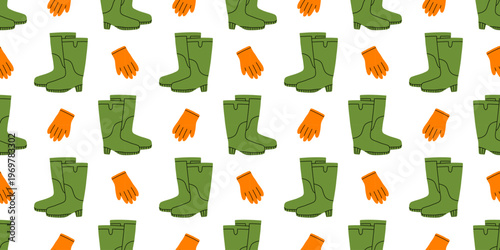 Vector cute trendy seamless pattern with green rubber boot and orange gardening glove in flat style. Perfect for farm decor, label, packaging, fabric print. Agriculture, farm repeat background.