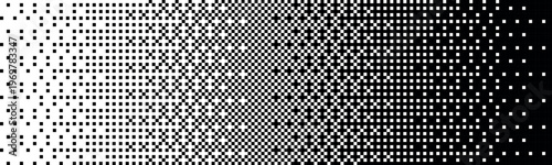 Abstract black white pixel pattern, geometric square grid, halftone density transition, optical digital texture. Banner, wallpaper, technology backdrop, poster, modern template. Vector illustration.