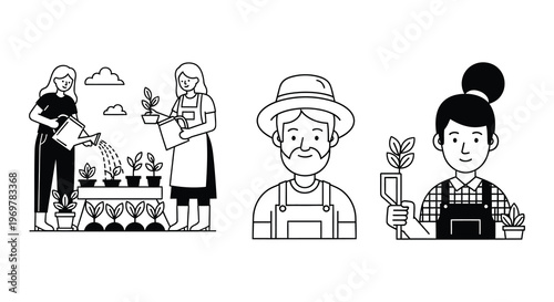 Gardening scene with people plants and tools in a linear style