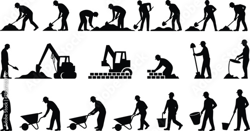 Construction workers silhouettes set digging bricklaying excavator wheelbarrow tools manual labor builder isolated on white background vector illustration collection