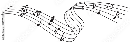 Flowing music staff with treble bass clefs, flying notes, melody motion, elegant rhythm feeling. Concert, school, studio, poster, invitation, banner design. Vector illustration