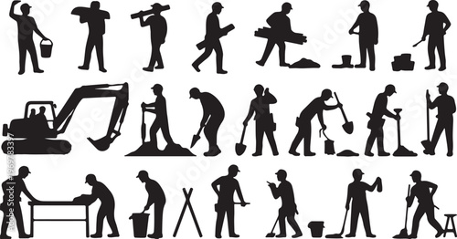 Construction workers silhouettes set digging carrying tools excavator painting carpentry manual labor isolated on white background vector illustration collection