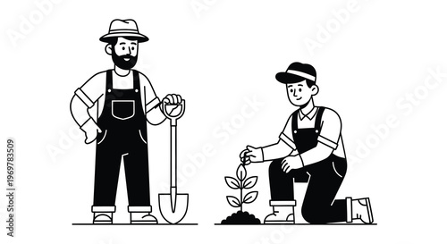 Gardening scene with people plants and tools in a linear style