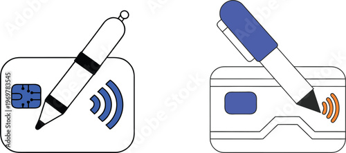 Credit card with stylus and contactless payment symbol on transparent background.
