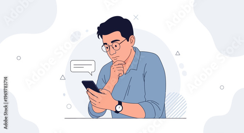 Man in Glasses Thinking While Looking at Smartphone Screen with Chat Bubble