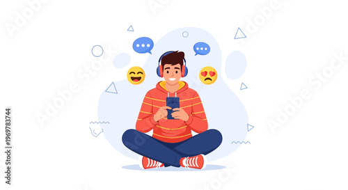 Young man with headphones using smartphone, chatting and expressing emotions with emojis
