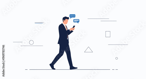 Businessman texting while walking, abstract shapes, communication concept