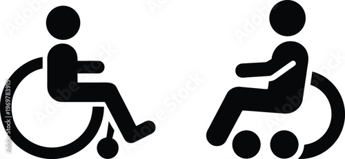 Handicapped wheelchair accessibility icon set depicting mobility assistance for disabled persons in public environments.