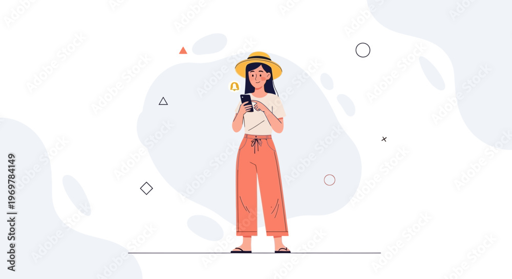 Obraz premium Young Woman in Summer Hat Using Smartphone with Notification Alert