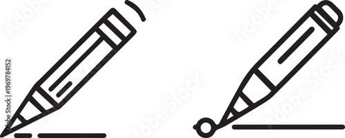Educational writing tool icon set showing pencil and fountain pen on paper for school supplies and creative composition.