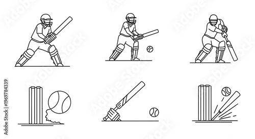 Line art illustration depicting cricket players bats balls and wickets