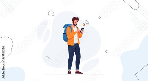 Man with backpack using smartphone, receiving notification, travel concept