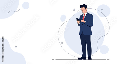 Businessman in Suit Using Smartphone, Modern Office Background with Abstract Shapes
