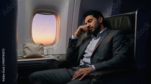 Business traveler asleep in airplane window seat during sunset