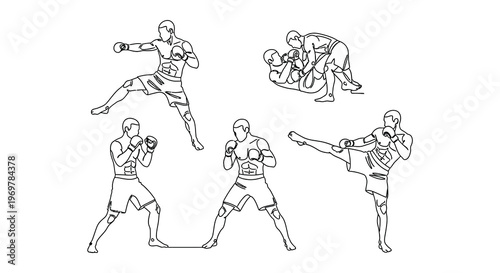 Dynamic sketches depict martial artists in various fighting and training poses