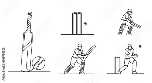 Line art illustration depicting cricket players bats balls and wickets