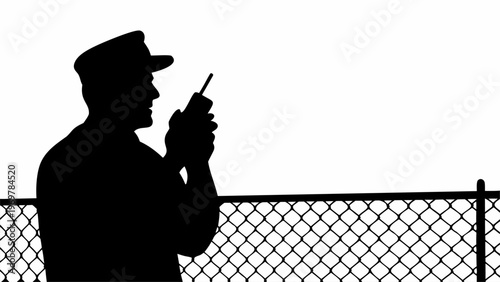 Silhouette of a security officer wearing a cap holding a walkie talkie and communicating standing against a chain link fence with a bright clear sky in the background