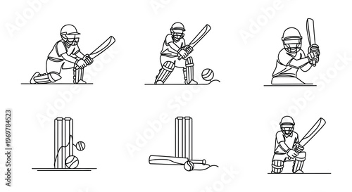 Line art illustration depicting cricket players bats balls and wickets