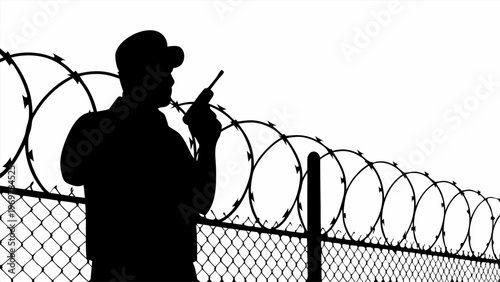 Silhouette of a security guard wearing a cap holding a walkie talkie and communicating standing in front of a chain link fence with barbed wire symbolizing protection surveillance