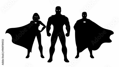 Diverse superhero team silhouettes with capes standing confidently against a stark white background symbolizing power unity and heroic action in a clean graphic style