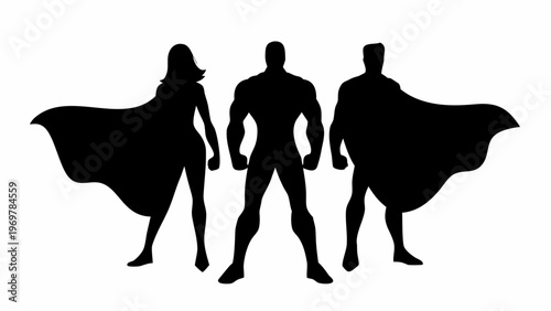 Dynamic trio of diverse superhero silhouettes standing strong in a powerful heroic pose conveying strength unity and courage against a clean white background symbolizing teamwork