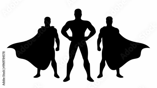 Three anonymous silhouetted superheroes standing shoulder to shoulder with flowing capes representing power unity and protection against a stark white background evoking courage