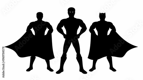 Dynamic silhouette trio of diverse superheroes with flowing capes standing confidently against a stark white background symbolizing strength unity and heroic power for comic book